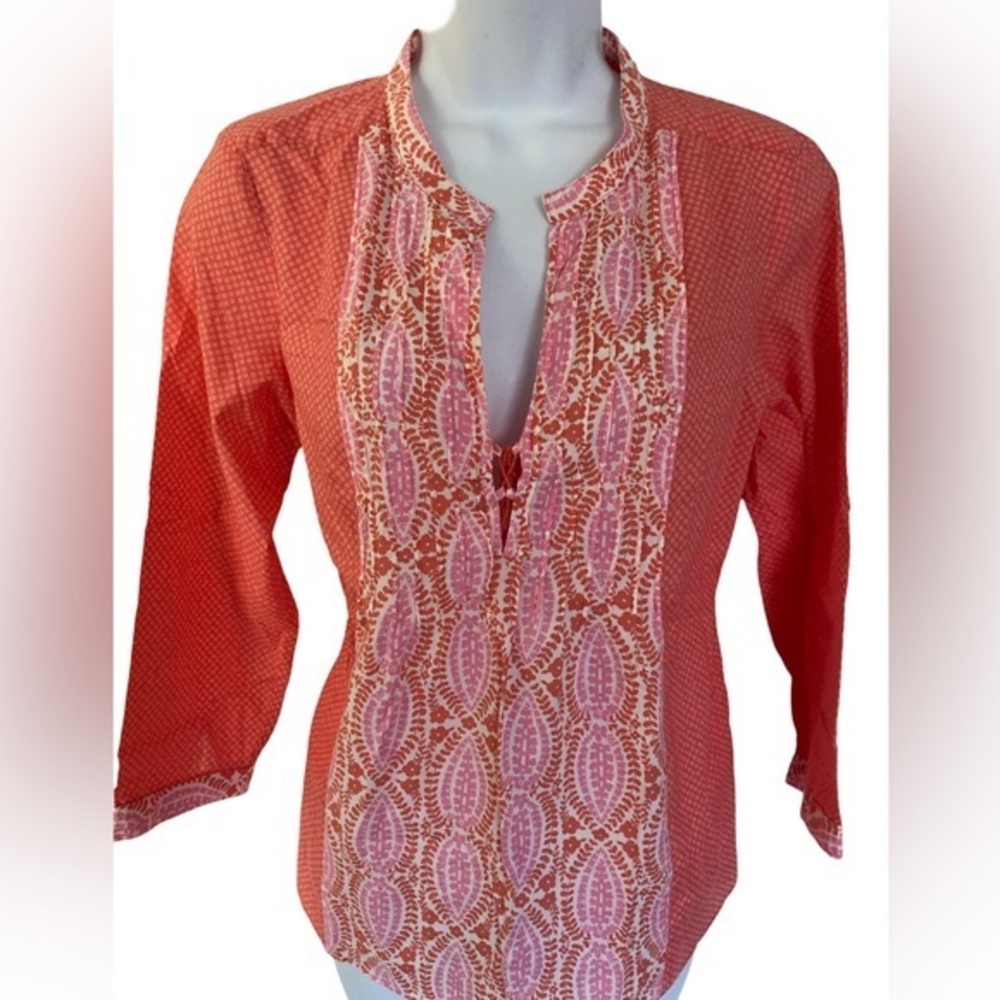 J Crew Tunic Top - S coral , white pink , cotton, 3/4 sleeve,